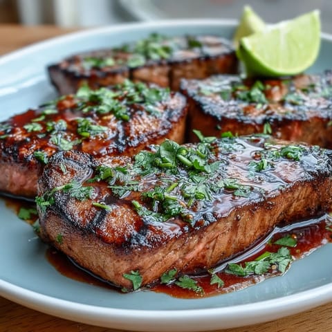 Grilled salmon fillets topped with vibrant strawberry salsa and fresh cilantro. A bright, flavorful dish perfect for spring and summer dining.