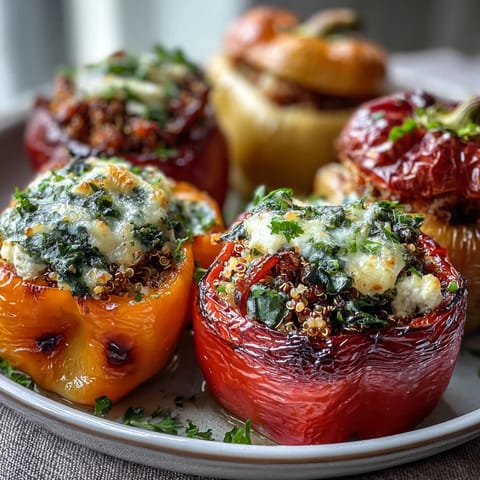 Colorful stuffed bell peppers filled with quinoa, herbs, and vegetables, baked to tender perfection for a wholesome dinner.
