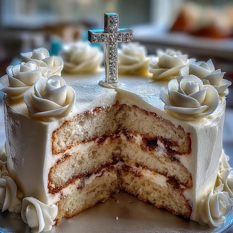 Delicate white fondant roses adorn this First Communion Cake, featuring smooth buttercream and a classic cross topper for a timeless celebration centerpiece.