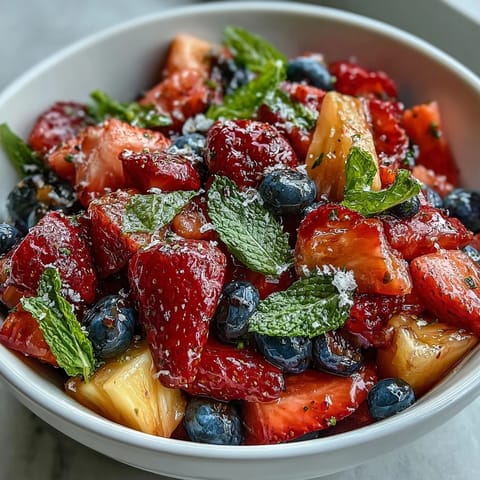 Refreshing summer fruit salad featuring sweet strawberries and tropical pineapple, lightly dressed with homemade lemonade syrup and fresh mint garnish.