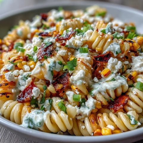 A colorful bowl of elote corn pasta salad with Cotija cheese, charred corn, and red bell pepper in a creamy lime dressing.