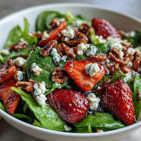 Spring Strawberry Spinach Salad with goat cheese and candied pecans in a large white bowl, vibrant red strawberries and green spinach contrasting beautifully.