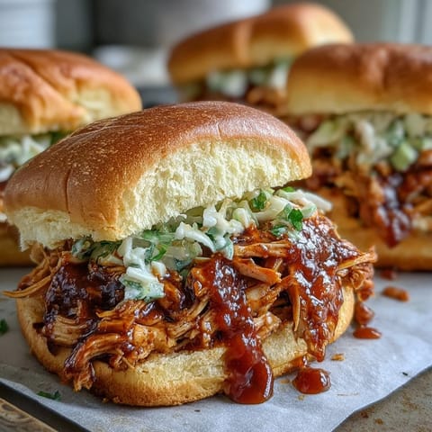 Slow-cooked shredded chicken in smoky barbecue sauce, served on toasted buns with creamy coleslaw for a classic American sandwich.  