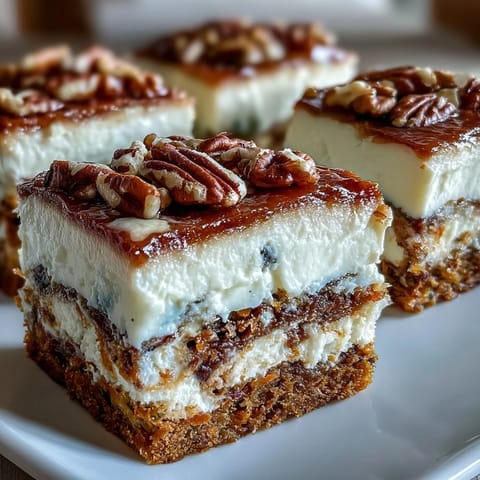 Creamy carrot cake cheesecake bars with a marbled swirl of spiced carrot cake and rich cheesecake.  