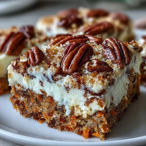 Decadent dessert bars combining moist carrot cake, smooth cheesecake, and crunchy nuts for the ultimate treat.  