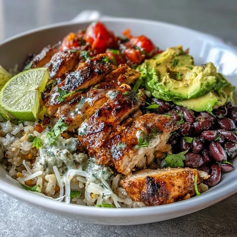 Juicy grilled chicken atop fluffy rice, a delicious High Protein Chicken Burrito Bowl meal.