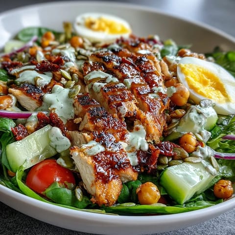 Healthy High Protein Salad for Weight Loss featuring fresh greens, chicken, and creamy lemon dressing.