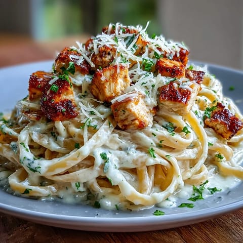 Creamy Low Calorie Chicken Alfredo topped with vibrant parsley, ready to serve.