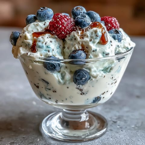 Two glasses of layered high-protein yogurt parfait topped with mixed berries and chia seeds.