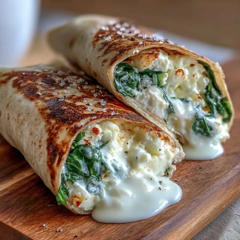 Quick, protein-rich breakfast wrap with tender egg whites, fresh spinach, and gooey low-fat cheese in a soft tortilla.
