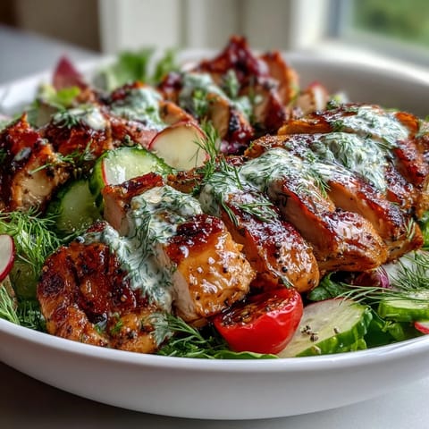 A vibrant bowl of tender chicken breast, crisp spring greens, and colorful vegetables, drizzled with a light, zesty dressing.