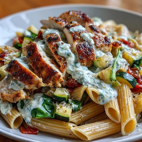 Wholesome high protein chicken pasta meal prep with colorful bell peppers, zucchini, and spinach, perfect for a balanced lunch on the go.  