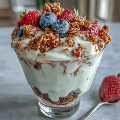 Creamy Protein Yogurt Parfait with Granola, layered with fresh berries and crunchy granola for a satisfying breakfast.