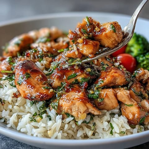 Fresh lemon garlic chicken bowl with tender chicken, fluffy rice, and colorful veggies in a zesty sauce.  