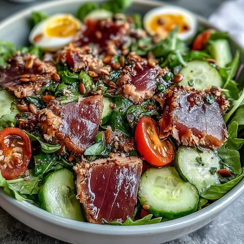 High-protein tuna salad bowl with hard-boiled eggs, fresh vegetables, and creamy yogurt dressing.  