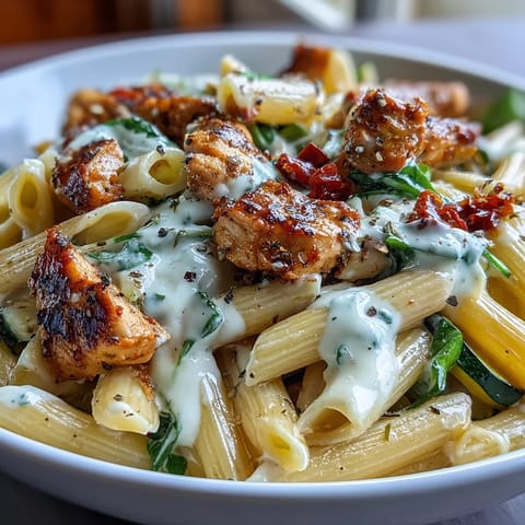 A colorful Low Calorie Protein Pasta Bowl with tender chicken, vibrant vegetables, and whole wheat pasta in a creamy, low-fat sauce.  