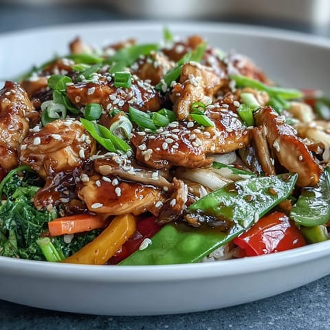 A colorful plate of low calorie chicken stir fry with tender chicken, crisp vegetables, and a glossy soy-ginger sauce.