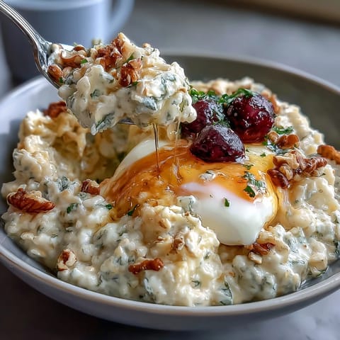 High protein breakfast meal prep oats and eggs in glass containers with fresh berries and nuts on top.