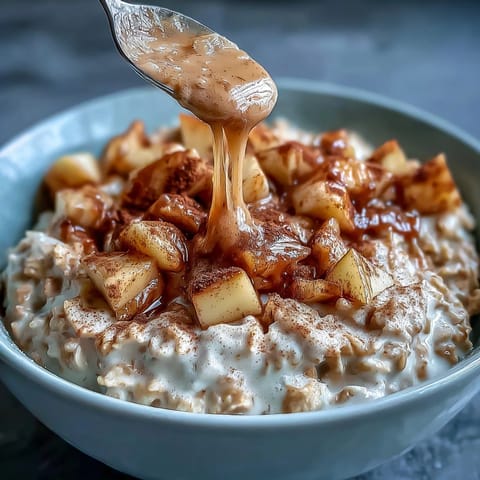 Warm, protein-packed apple cinnamon oats with tender apple pieces and a sprinkle of cinnamon for a cozy breakfast.