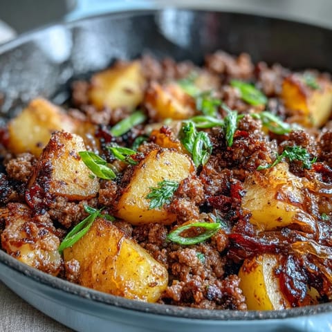 Hearty ground beef and potato skillet, packed with tender potatoes, savory beef, and aromatic spices for a satisfying high-protein meal.