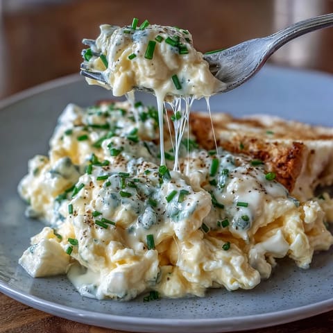 High-protein scrambled eggs with cottage cheese in a white skillet, creamy and fluffy with visible curds of cottage cheese throughout.