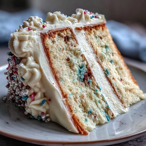 Soft vanilla confetti cake with colorful sprinkles, elegantly frosted in silky champagne buttercream for a festive graduation dessert.  