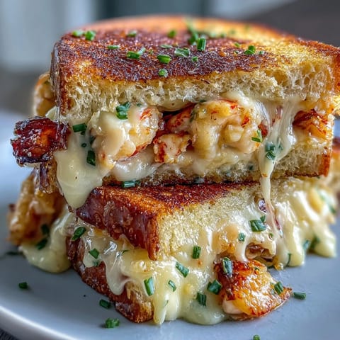 Decadent Lobster Grilled Cheese sandwich, pan-fried to perfection with buttery crust.