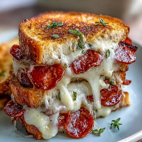 Golden brown Pepperoni Pizza Grilled Cheese oozing with melted mozzarella and savory pepperoni.