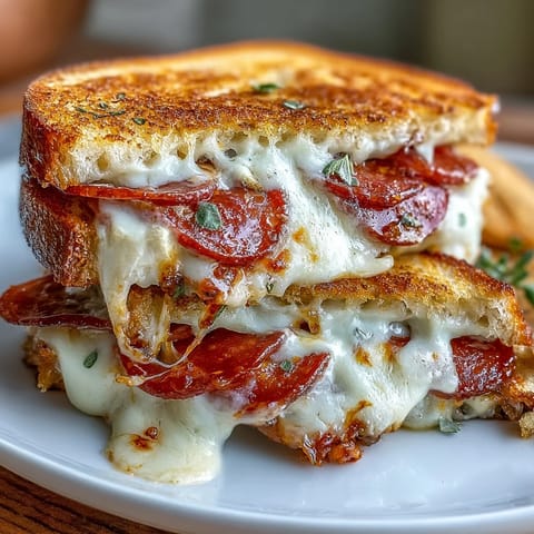 Mouthwatering Pepperoni Pizza Grilled Cheese with crispy sourdough, bubbling cheese, and dipping sauce.