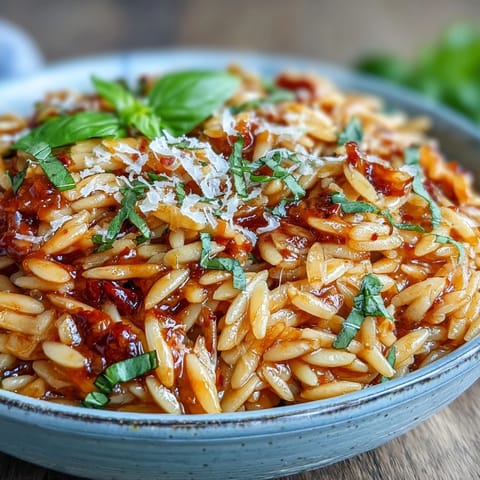 Steaming Spicy Arrabbiata Orzo with basil, cheese, and a fiery kick.