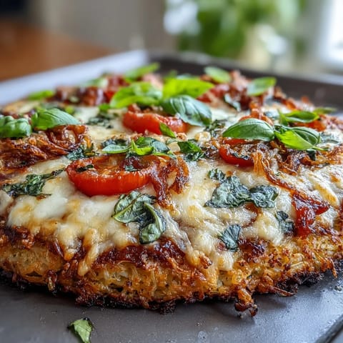 Golden leftover rice pizza crust with melted cheese and colorful toppings.