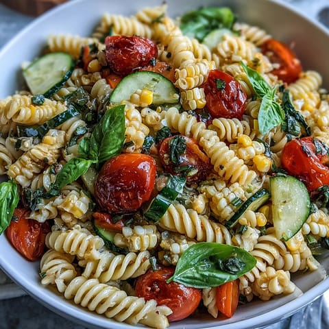 Vibrant summer corn and tomato pasta salad glistening with zesty vinaigrette.