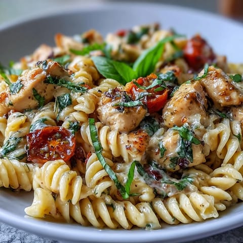 Bright One-Pan Lemon Basil Chicken Pasta with creamy sauce and fresh herbs.