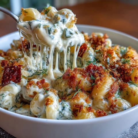 Golden baked Dill Pickle Mac and Cheese with vibrant pickle pieces.