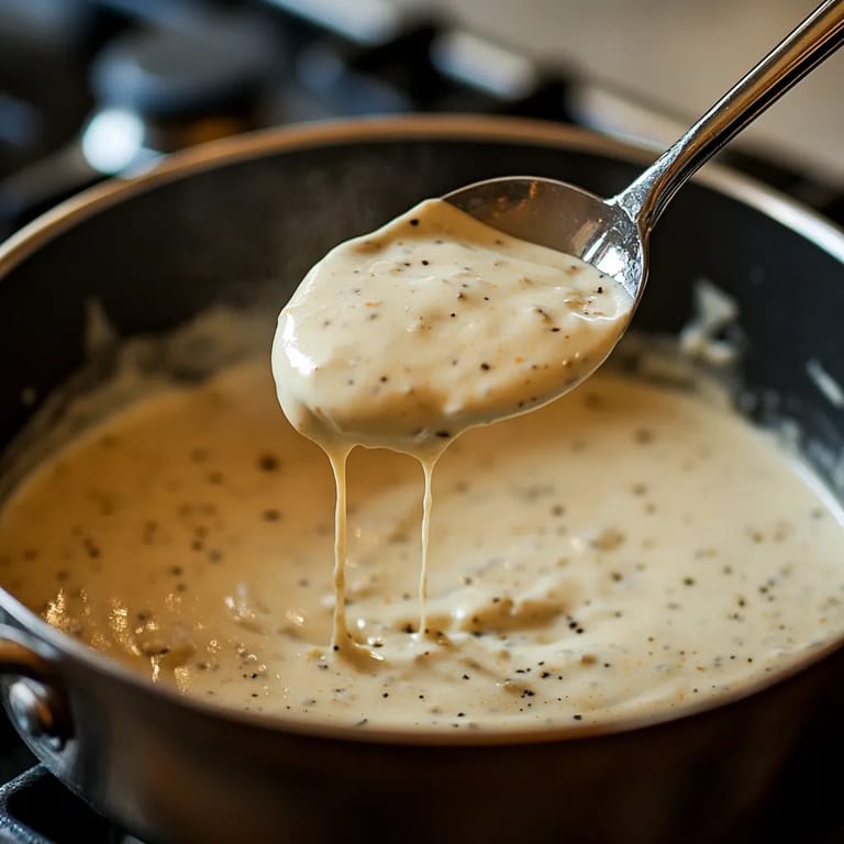 A spoon is in a pot of creamy cajun alfredo sauce.