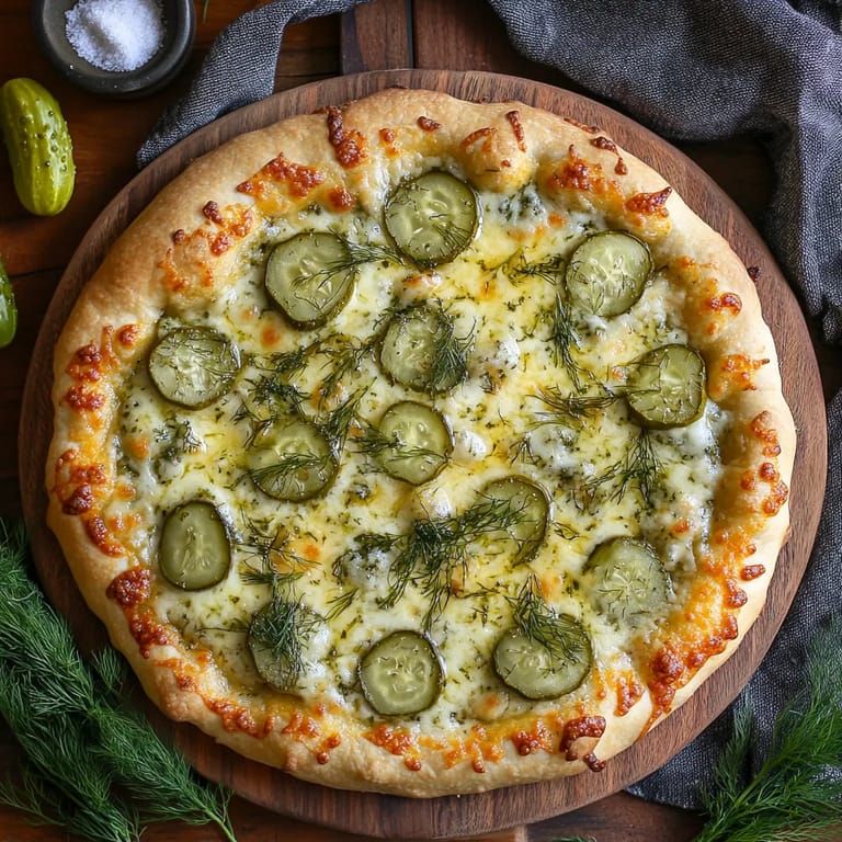 A pizza with pickles and cheese on top.