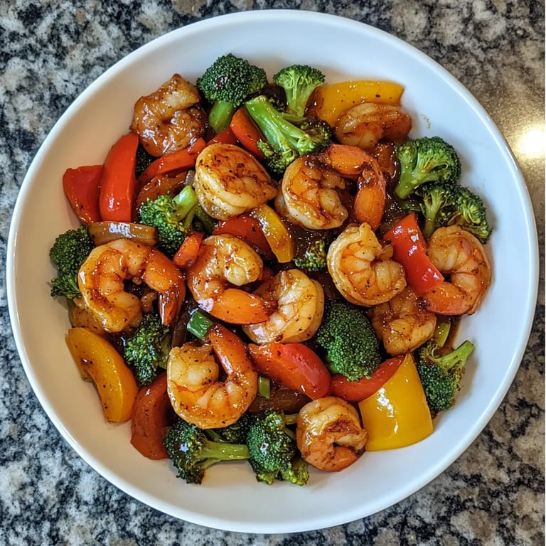 A white bowl filled with shrimp and broccoli.