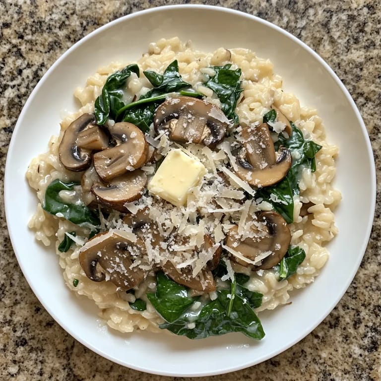 A plate of mushroom and spinach risotto.