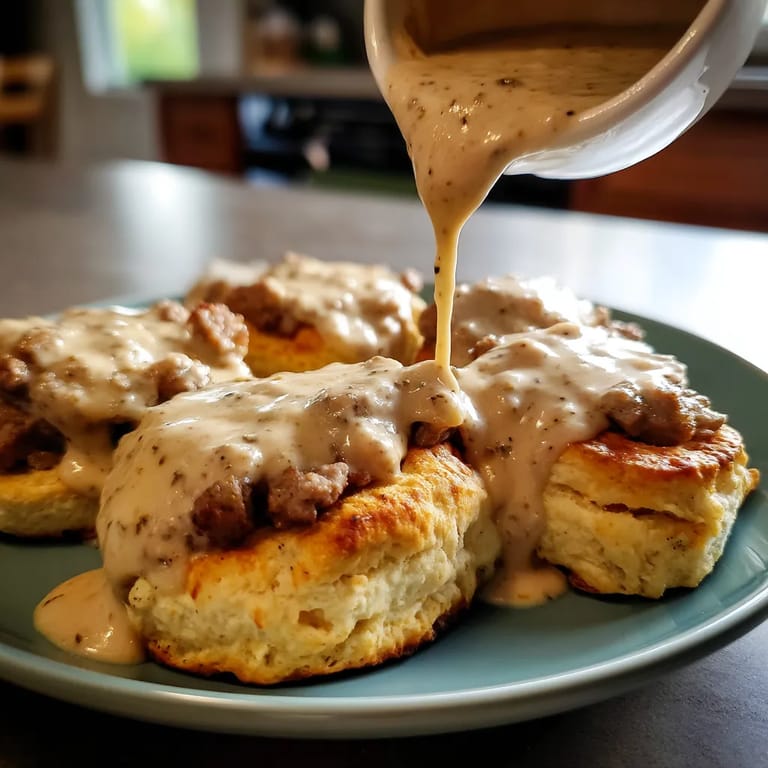 A plate of sausage gravy and biscuits.