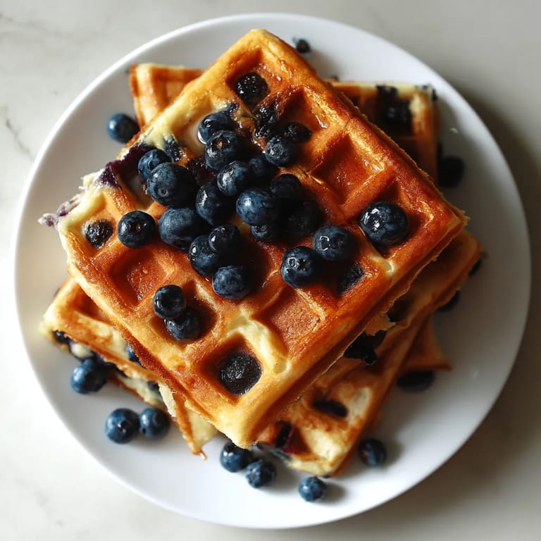 A plate of waffles with blueberries on top.