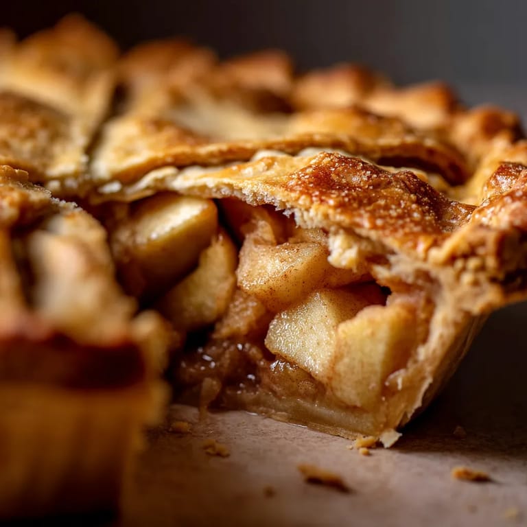 A slice of apple pie with a cinnamon crust.
