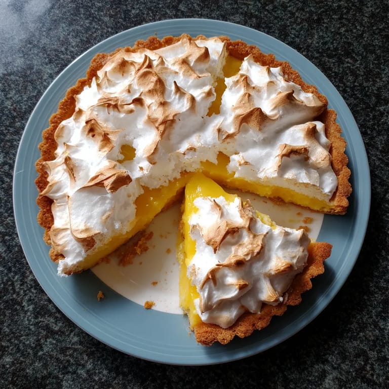 A slice of lemon meringue pie on a plate.