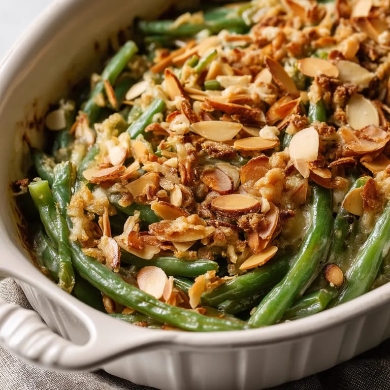 A white bowl filled with green beans and almonds.