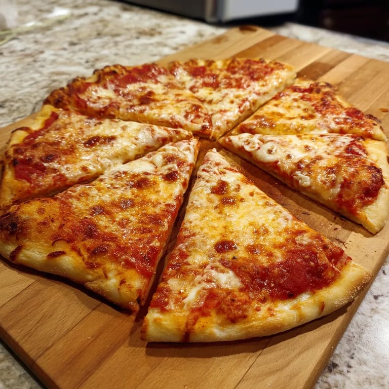 A slice of New York-style pizza on a wooden cutting board.