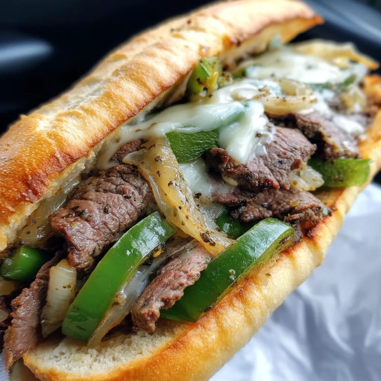 A close up of a Philly cheesesteak sandwich.
