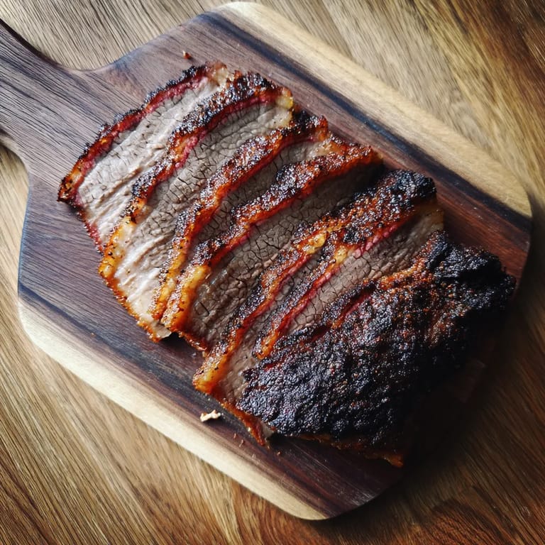 A piece of slow-smoked beef brisket on a wooden cutting board.