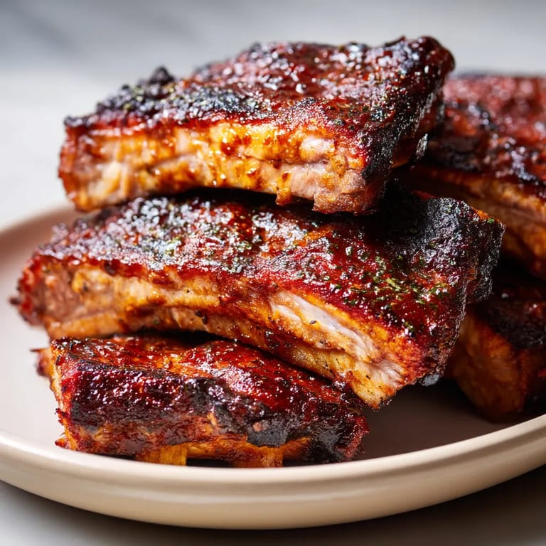 A plate of ribs with sauce on it.