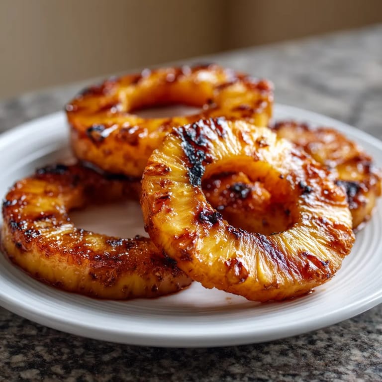 Grilled pineapple slices on a white plate.