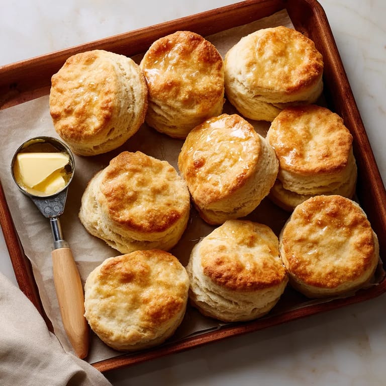 A wooden tray filled with homemade buttermilk biscuits.
