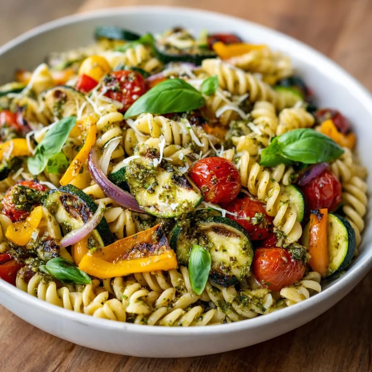 A bowl of pasta salad with grilled zucchini and pesto vinaigrette.